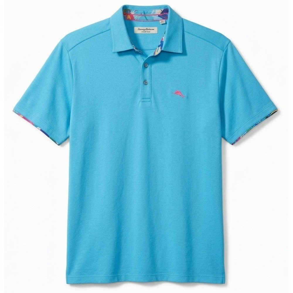 Tommy Bahama Polo Shirt Mens XL Blue Short Sleeve Supima Cotton Floral Trim